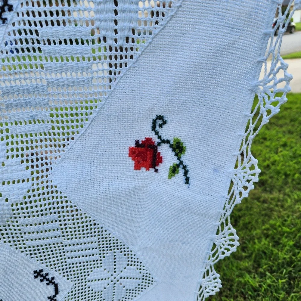 Vintage Embroidered Floral Tablecloth Cross Stitch Openwork Lace Cottagecore